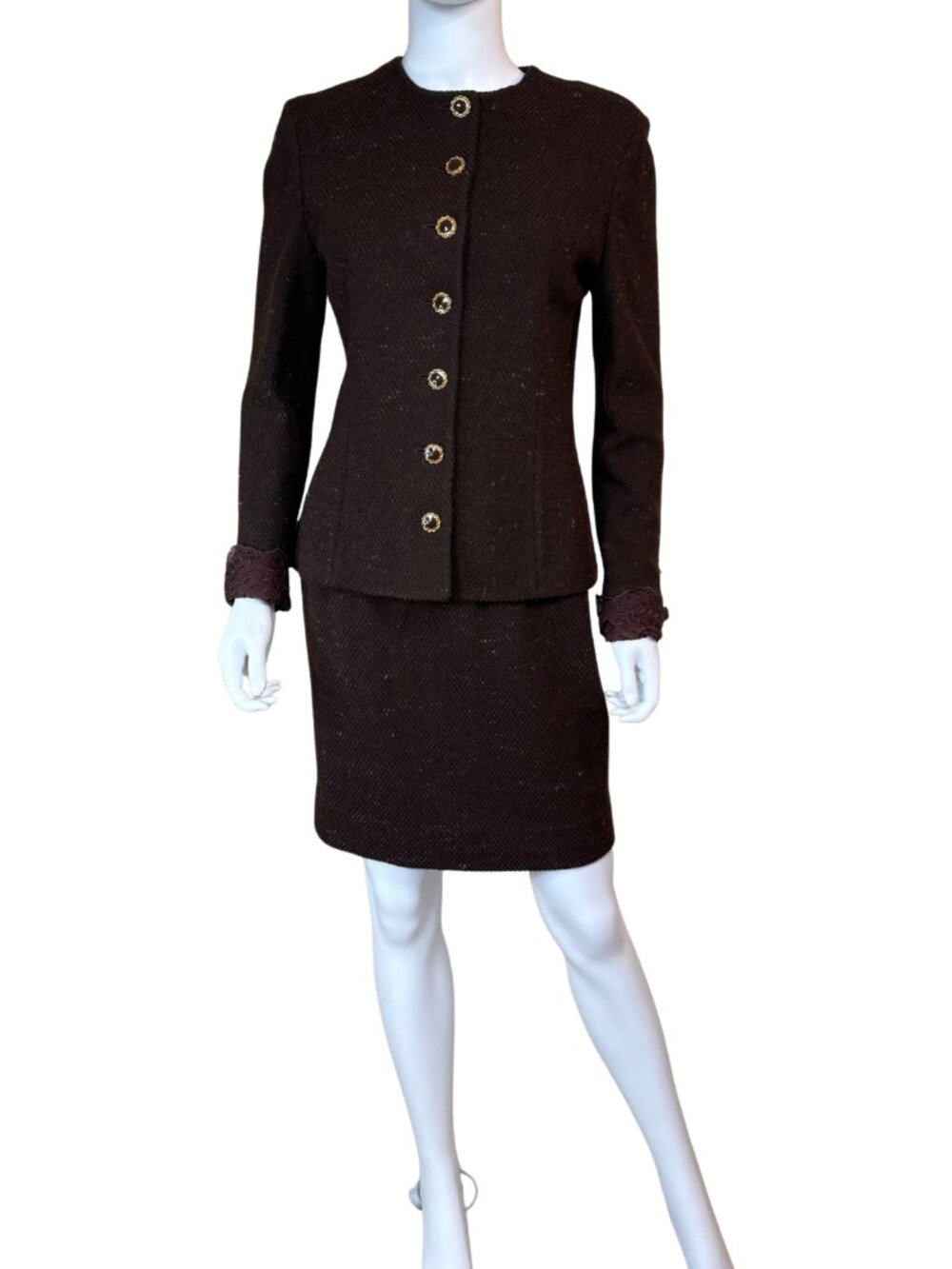 Vintage St. John Collection by Marie Gray Brown Knit Skirt Suit 4 Made in USA